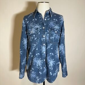 Lands End Womens Floral Denim Long Sleeve Button Down Shirt Size Small 6-8 Blue